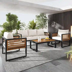 4-Piece Sofa Set, Metal and Wood Frame Sofa with Thick Cushions and Backrest, Acacia Wood Tabletop, Suitable for Outdoor Garden