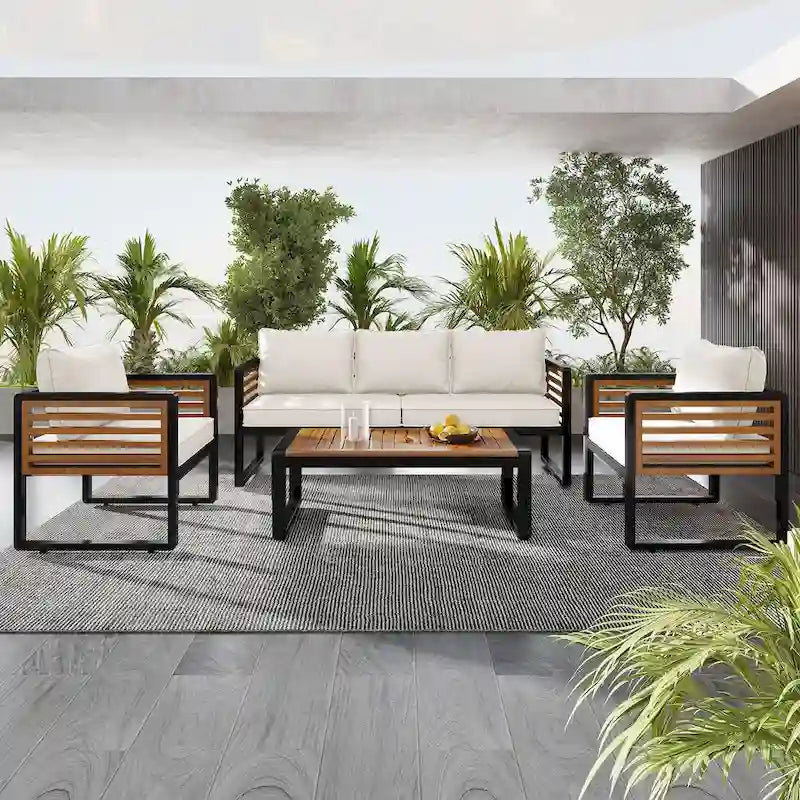 4-Piece Sofa Set, Metal and Wood Frame Sofa with Thick Cushions and Backrest, Acacia Wood Tabletop, Suitable for Outdoor Garden