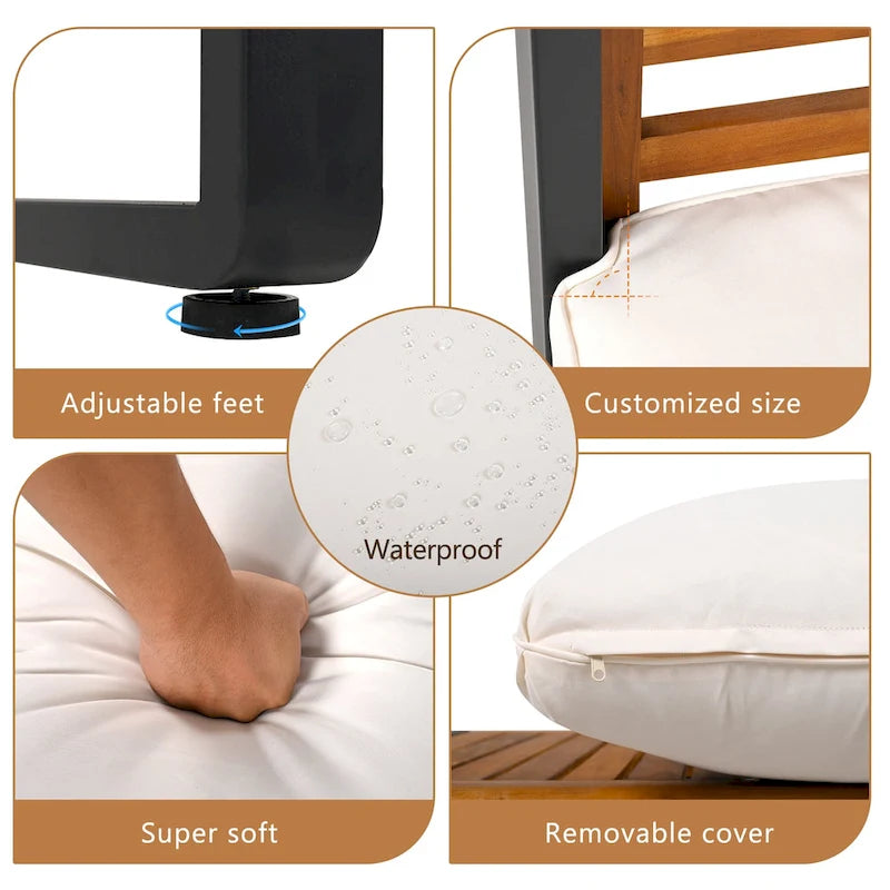 4-Piece Sofa Set, Metal and Wood Frame Sofa with Thick Cushions and Backrest, Acacia Wood Tabletop, Suitable for Outdoor Garden