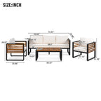 4-Piece Sofa Set, Metal and Wood Frame Sofa with Thick Cushions and Backrest, Acacia Wood Tabletop, Suitable for Outdoor Garden