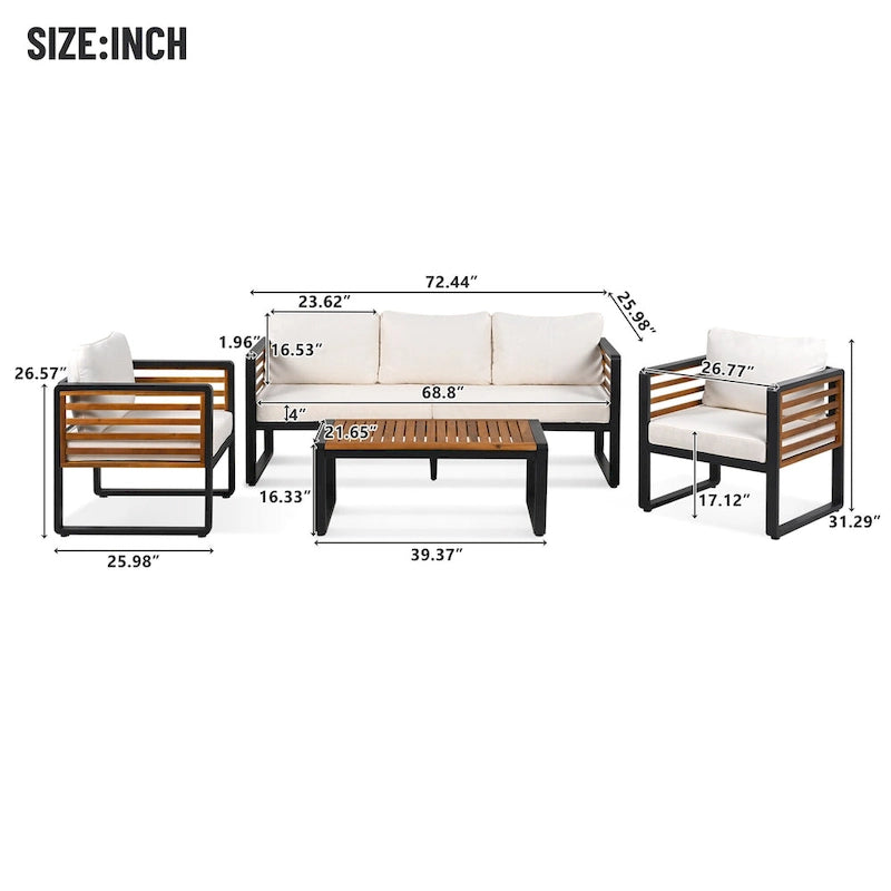4-Piece Sofa Set, Metal and Wood Frame Sofa with Thick Cushions and Backrest, Acacia Wood Tabletop, Suitable for Outdoor Garden