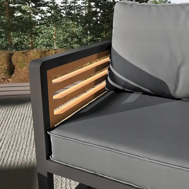 4-Piece Sofa Set, Metal and Wood Frame Sofa with Thick Cushions and Backrest, Acacia Wood Tabletop, Suitable for Outdoor Garden