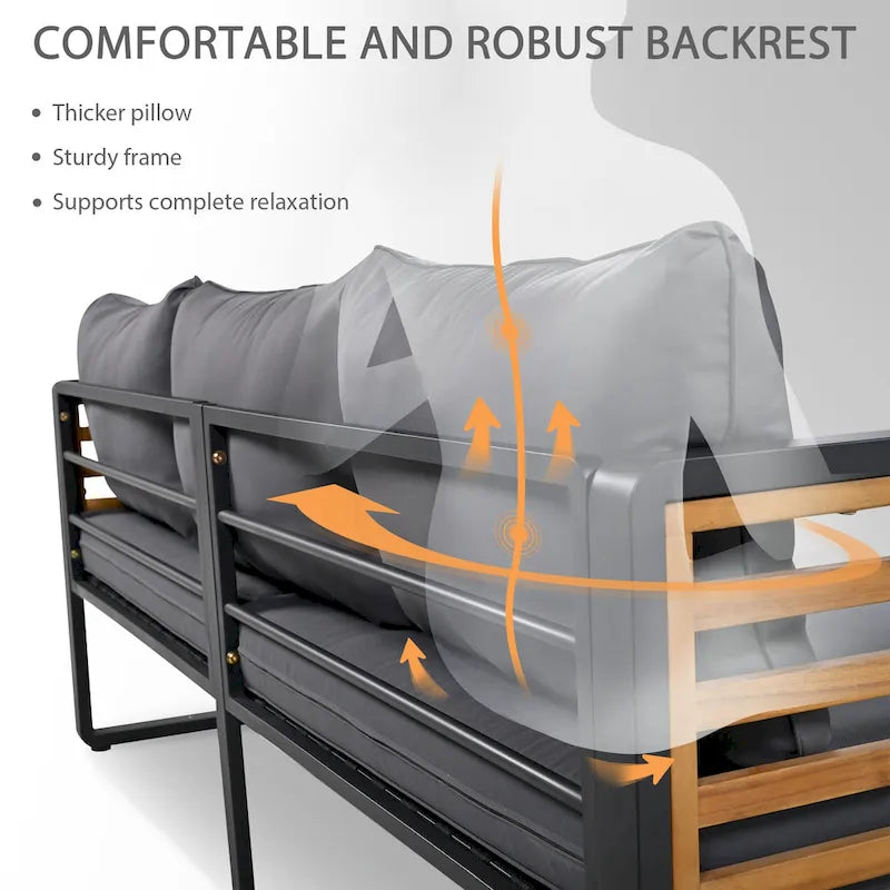 4-Piece Sofa Set, Metal and Wood Frame Sofa with Thick Cushions and Backrest, Acacia Wood Tabletop, Suitable for Outdoor Garden