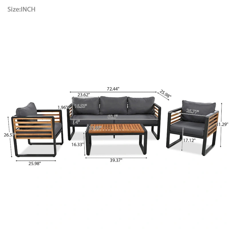 4-Piece Sofa Set, Metal and Wood Frame Sofa with Thick Cushions and Backrest, Acacia Wood Tabletop, Suitable for Outdoor Garden
