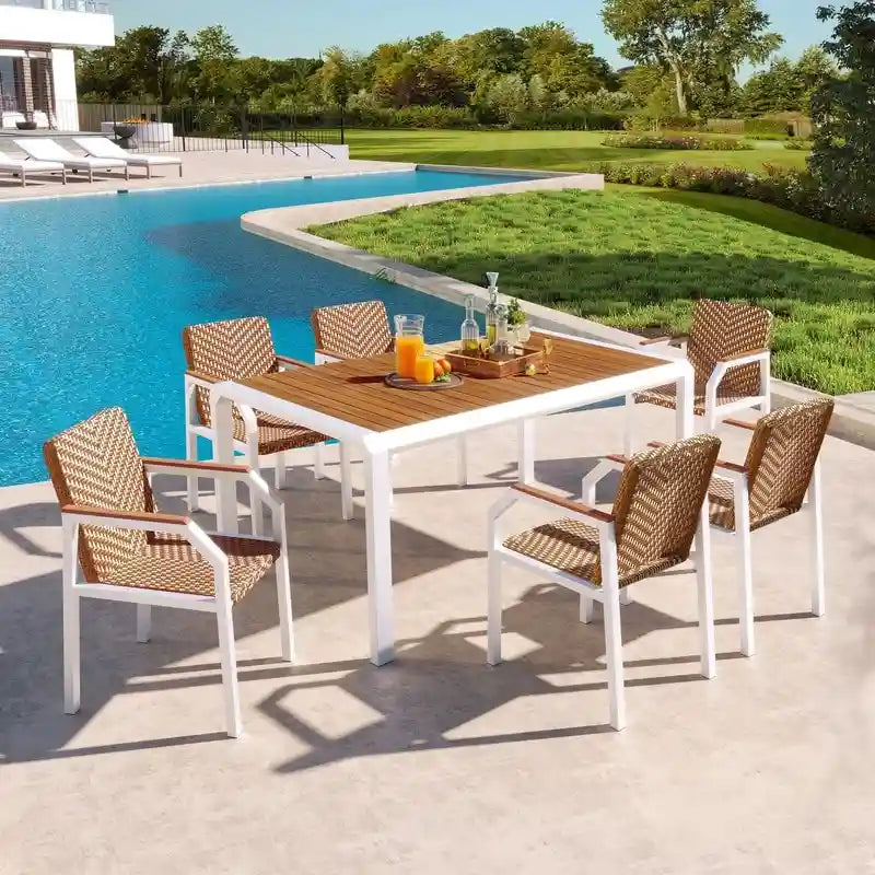 7 Piece Outdoor Patio Dining Table Set with 6 Rattan Chairs, Acacia Wood Tabletop