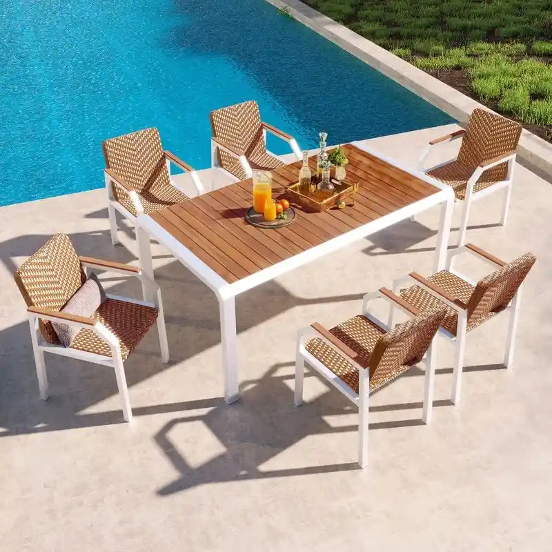 7 Piece Outdoor Patio Dining Table Set with 6 Rattan Chairs, Acacia Wood Tabletop