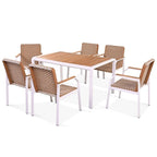 7 Piece Outdoor Patio Dining Table Set with 6 Rattan Chairs, Acacia Wood Tabletop