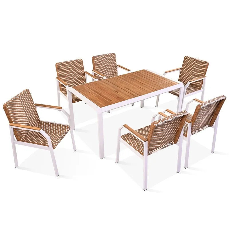 7 Piece Outdoor Patio Dining Table Set with 6 Rattan Chairs, Acacia Wood Tabletop