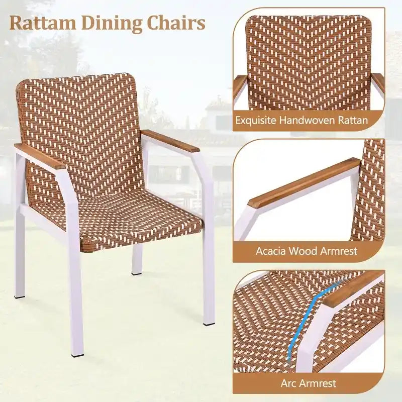 7 Piece Outdoor Patio Dining Table Set with 6 Rattan Chairs, Acacia Wood Tabletop