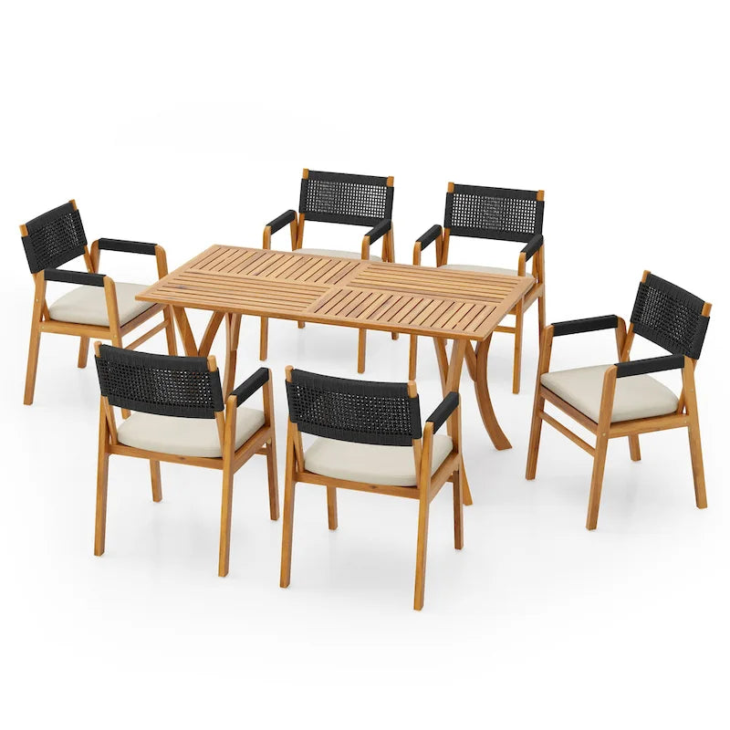 Holomn Outdoor Acacia Wood Dining with Rope Chairs