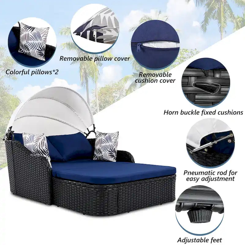 79.9 Outdoor Double Lounge Sunbed with Adjustable Canopy