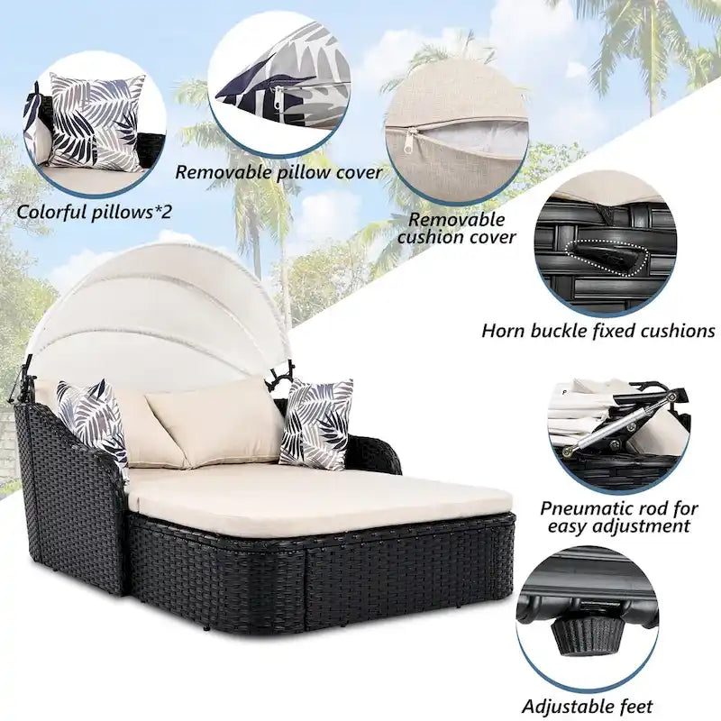79.9 Outdoor Double Lounge Sunbed with Adjustable Canopy
