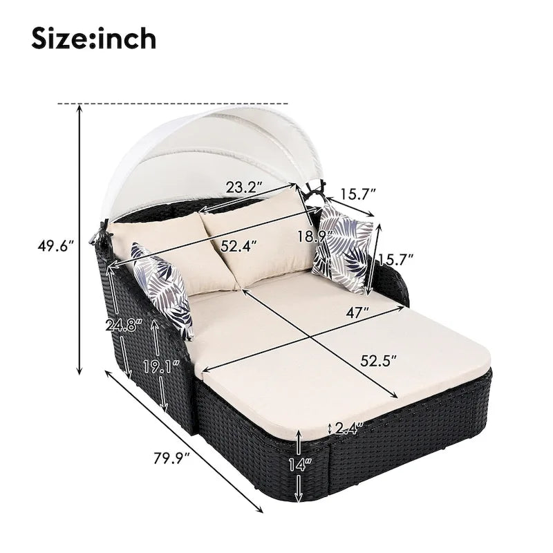 79.9 Outdoor Double Lounge Sunbed with Adjustable Canopy