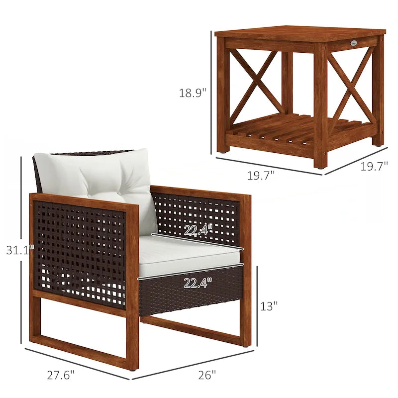 3 Pieces Patio Bistro Set Wooden with Cushions