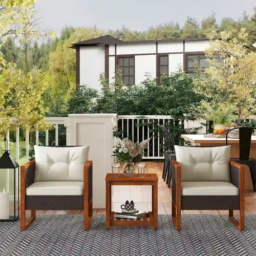 3 Pieces Patio Bistro Set Wooden with Cushions