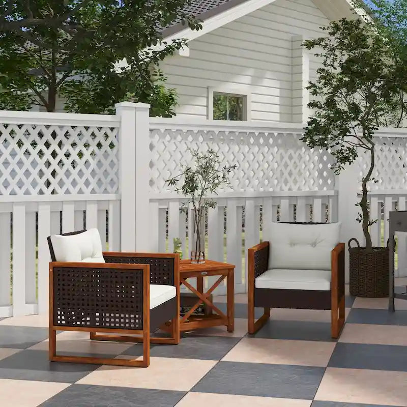 3 Pieces Patio Bistro Set Wooden with Cushions