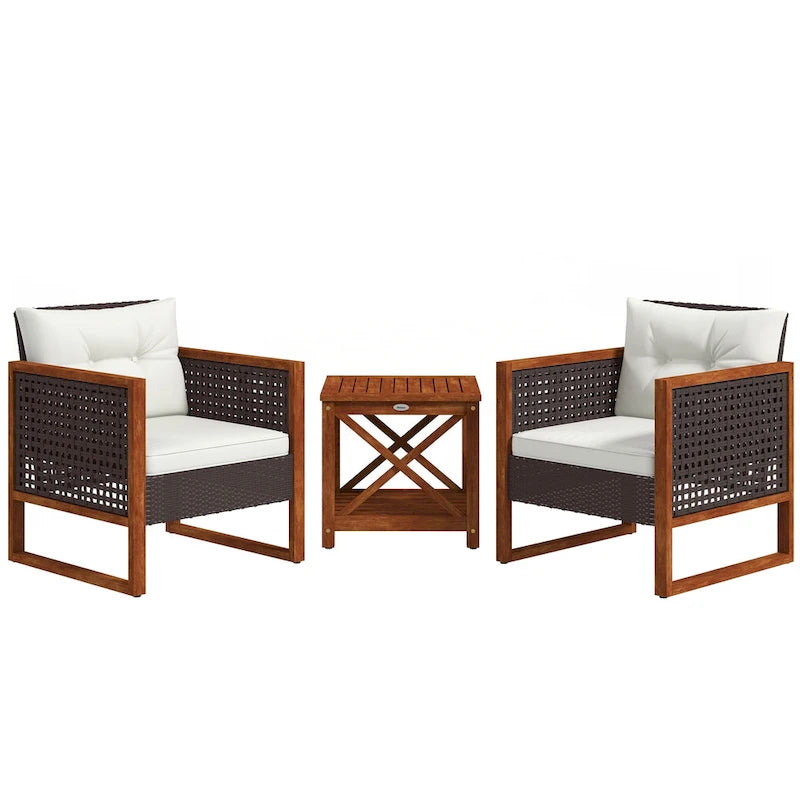 3 Pieces Patio Bistro Set Wooden with Cushions