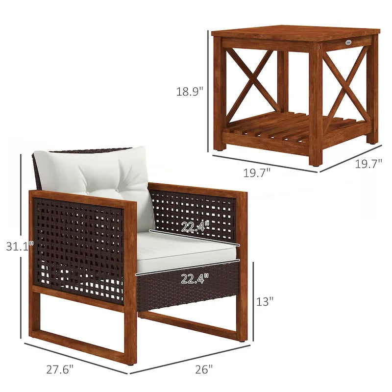 3 Pieces Patio Bistro Set Wooden with Cushions