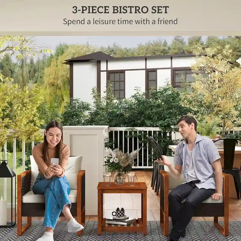 3 Pieces Patio Bistro Set Wooden with Cushions