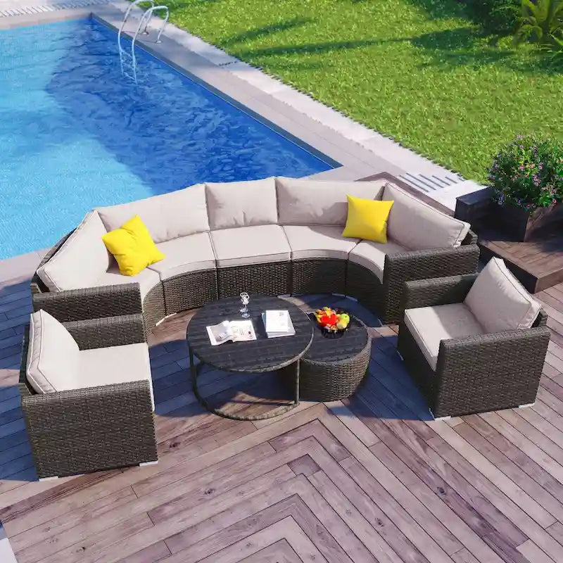 9-Piece Half-Moon Wicker Patio Sofa Set with Cushions and Two Round Coffee Tables