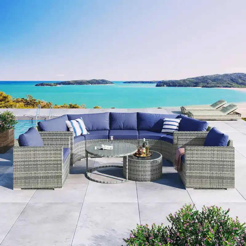 9-Piece Half-Moon Wicker Patio Sofa Set with Cushions and Two Round Coffee Tables