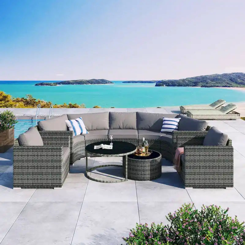 9-Piece Half-Moon Wicker Patio Sofa Set with Cushions and Two Round Coffee Tables