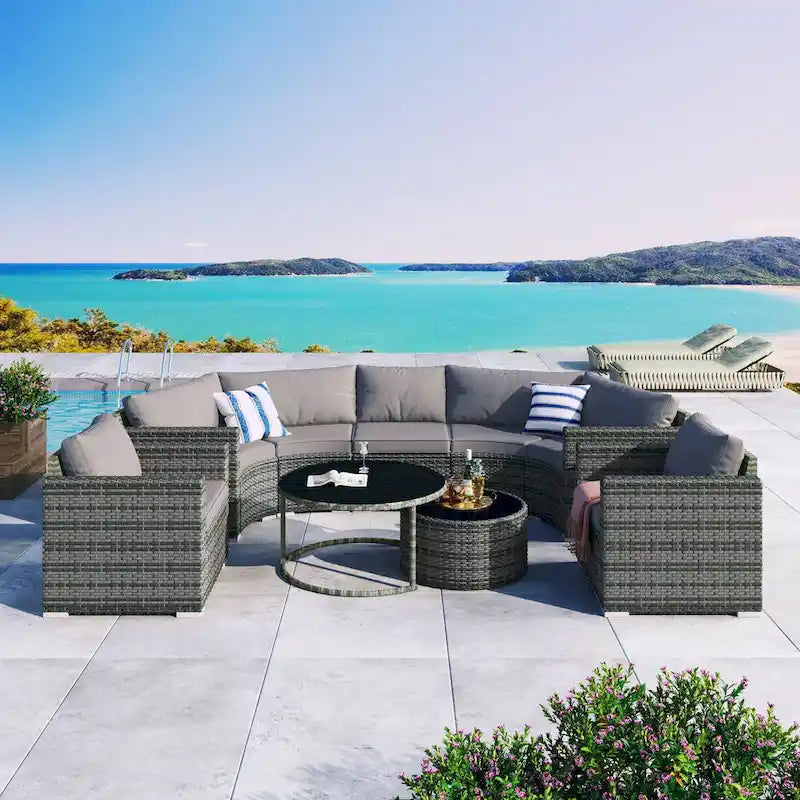 9-Piece Half-Moon Wicker Patio Sofa Set with Cushions and Two Round Coffee Tables