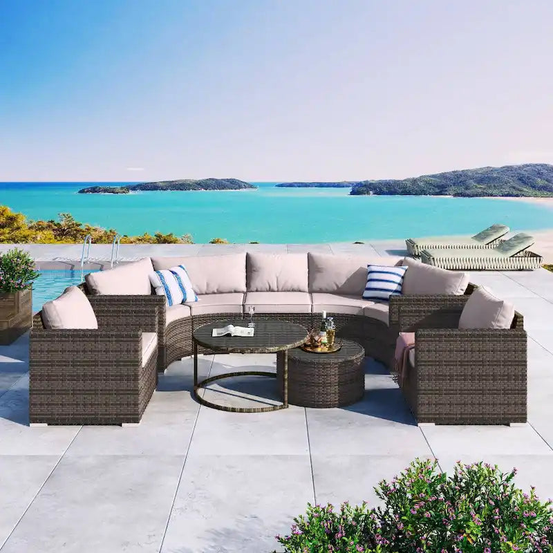 9-Piece Half-Moon Wicker Patio Sofa Set with Cushions and Two Round Coffee Tables