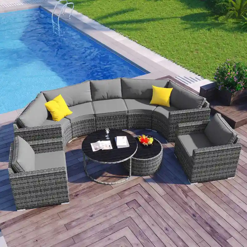 9-Piece Half-Moon Wicker Patio Sofa Set with Cushions and Two Round Coffee Tables