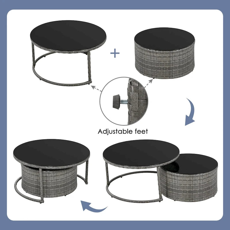9-Piece Half-Moon Wicker Patio Sofa Set with Cushions and Two Round Coffee Tables