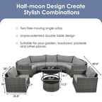 9-Piece Half-Moon Wicker Patio Sofa Set with Cushions and Two Round Coffee Tables