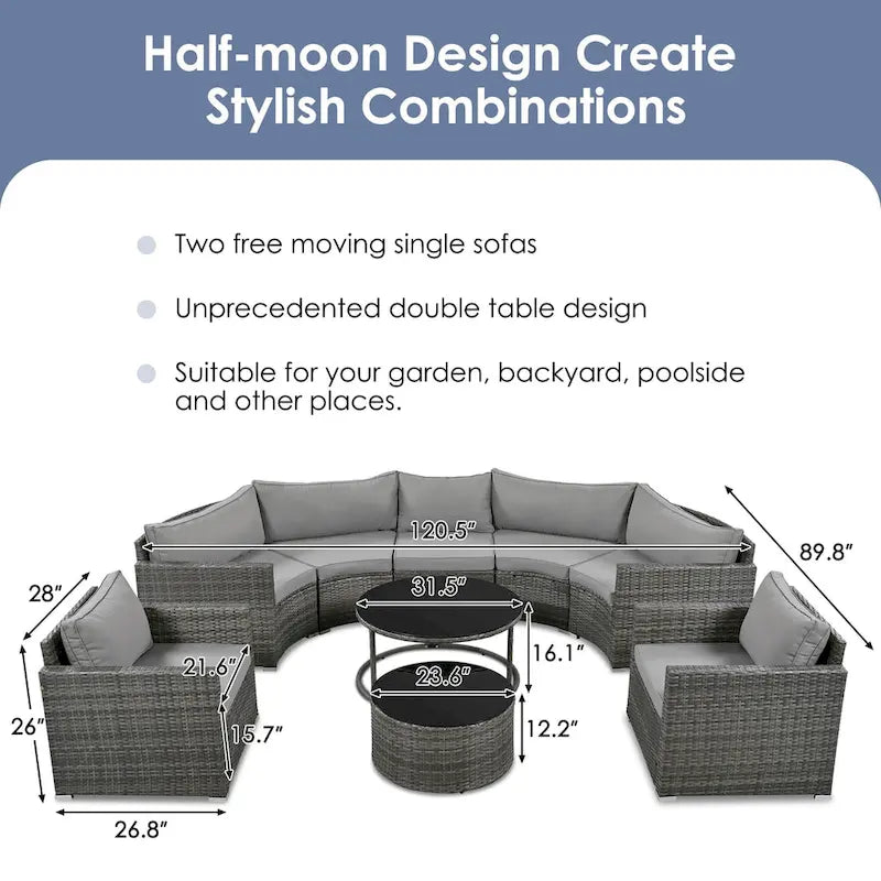 9-Piece Half-Moon Wicker Patio Sofa Set with Cushions and Two Round Coffee Tables