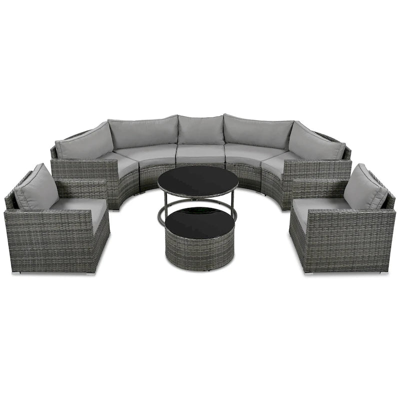 9-Piece Half-Moon Wicker Patio Sofa Set with Cushions and Two Round Coffee Tables