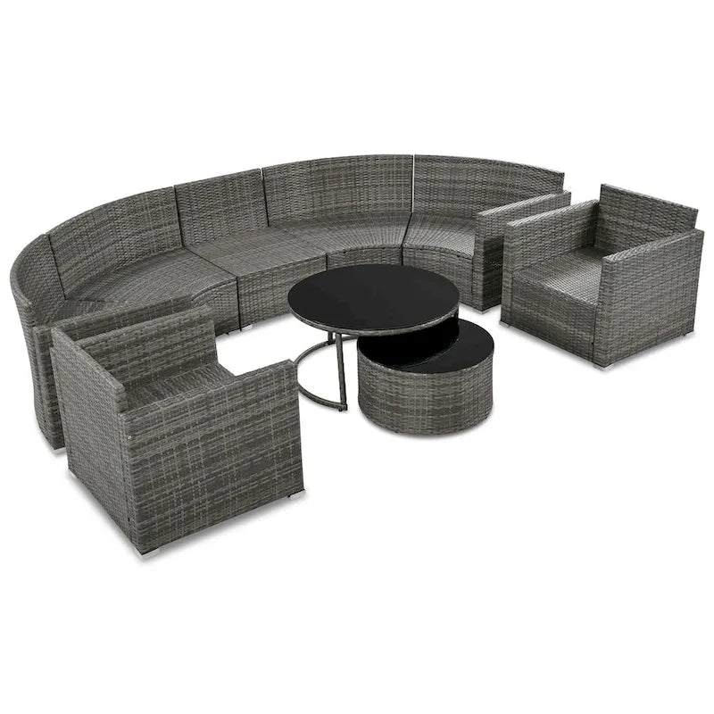 9-Piece Half-Moon Wicker Patio Sofa Set with Cushions and Two Round Coffee Tables