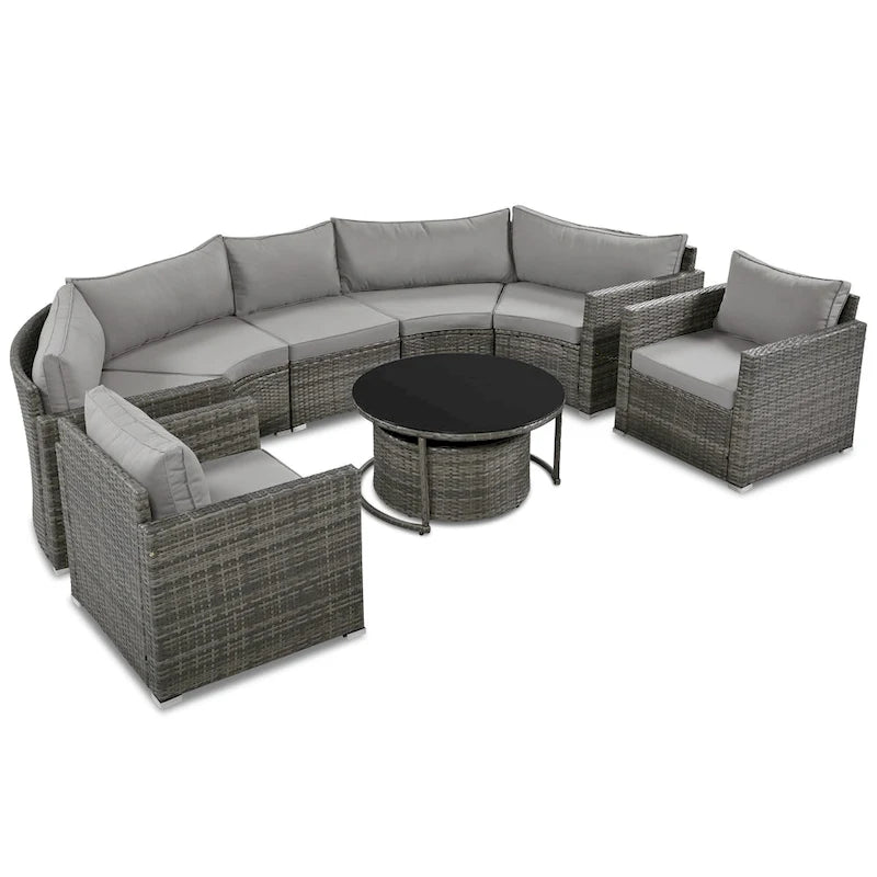 9-Piece Half-Moon Wicker Patio Sofa Set with Cushions and Two Round Coffee Tables