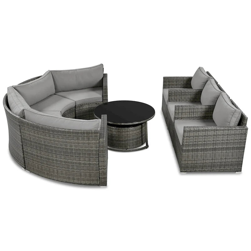 9-Piece Half-Moon Wicker Patio Sofa Set with Cushions and Two Round Coffee Tables