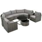 9-Piece Half-Moon Wicker Patio Sofa Set with Cushions and Two Round Coffee Tables