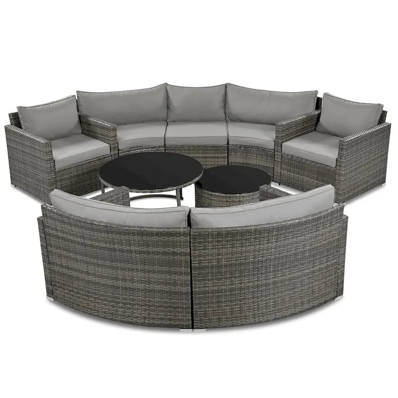 9-Piece Half-Moon Wicker Patio Sofa Set with Cushions and Two Round Coffee Tables