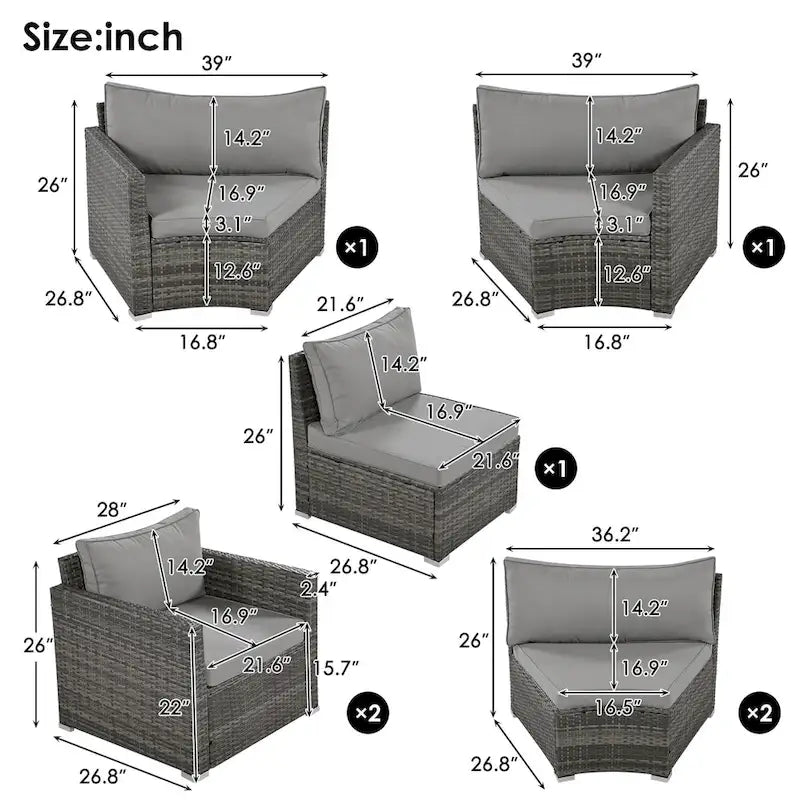 9-Piece Half-Moon Wicker Patio Sofa Set with Cushions and Two Round Coffee Tables