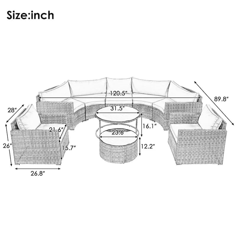 9-Piece Half-Moon Wicker Patio Sofa Set with Cushions and Two Round Coffee Tables
