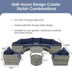 9-Piece Half-Moon Wicker Patio Sofa Set with Cushions and Two Round Coffee Tables
