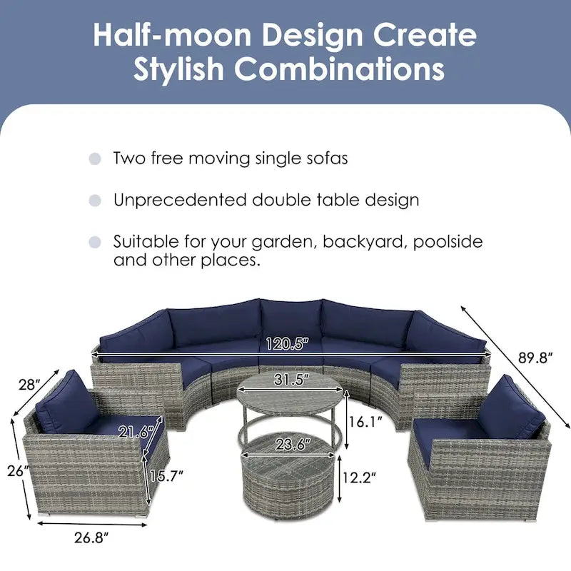 9-Piece Half-Moon Wicker Patio Sofa Set with Cushions and Two Round Coffee Tables