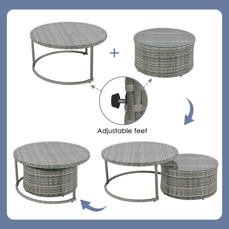 9-Piece Half-Moon Wicker Patio Sofa Set with Cushions and Two Round Coffee Tables