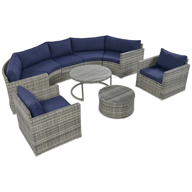 9-Piece Half-Moon Wicker Patio Sofa Set with Cushions and Two Round Coffee Tables