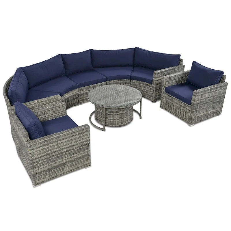 9-Piece Half-Moon Wicker Patio Sofa Set with Cushions and Two Round Coffee Tables