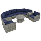 9-Piece Half-Moon Wicker Patio Sofa Set with Cushions and Two Round Coffee Tables