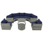 9-Piece Half-Moon Wicker Patio Sofa Set with Cushions and Two Round Coffee Tables