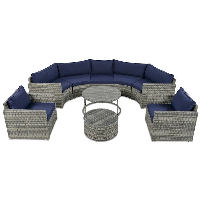 9-Piece Half-Moon Wicker Patio Sofa Set with Cushions and Two Round Coffee Tables