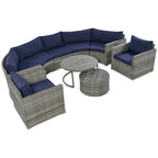 9-Piece Half-Moon Wicker Patio Sofa Set with Cushions and Two Round Coffee Tables