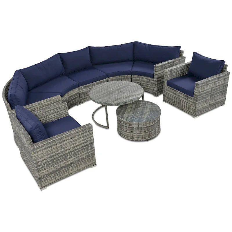 9-Piece Half-Moon Wicker Patio Sofa Set with Cushions and Two Round Coffee Tables